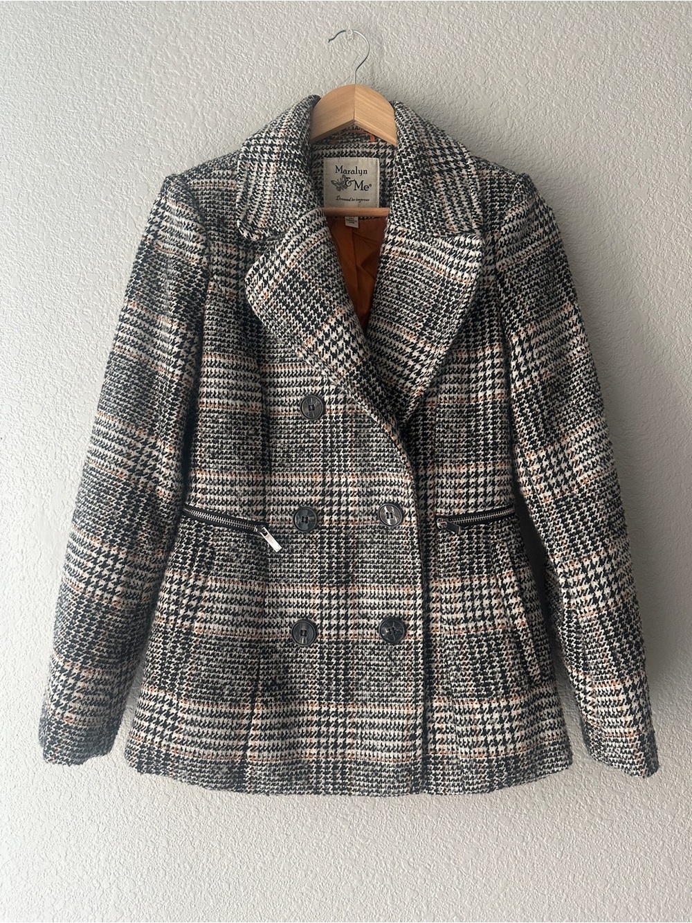 Maralyn & Me Black and Cream Plaid Double-Breasted Peacoat - Size Small